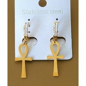 Men & Women Cross Earrings CZ Bling Huggie Hoop Dangle Gold Stainless steel